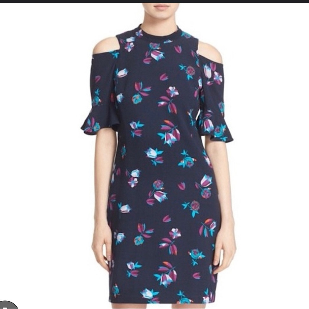 Rebecca Taylor Beautiful Cold Shoulder Navy Blue Floral Bellflower Dress *Sz 8* - Picture 1 of 5